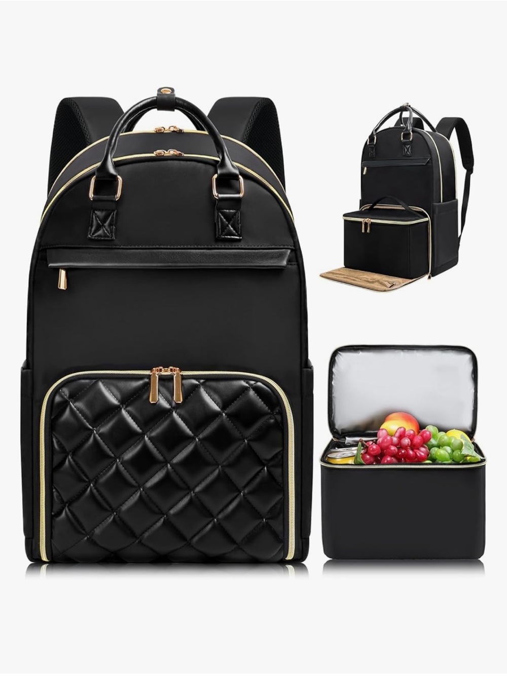 Quilted Black Backpack with Lunch Box Gold Trim - Laptop-Friendly